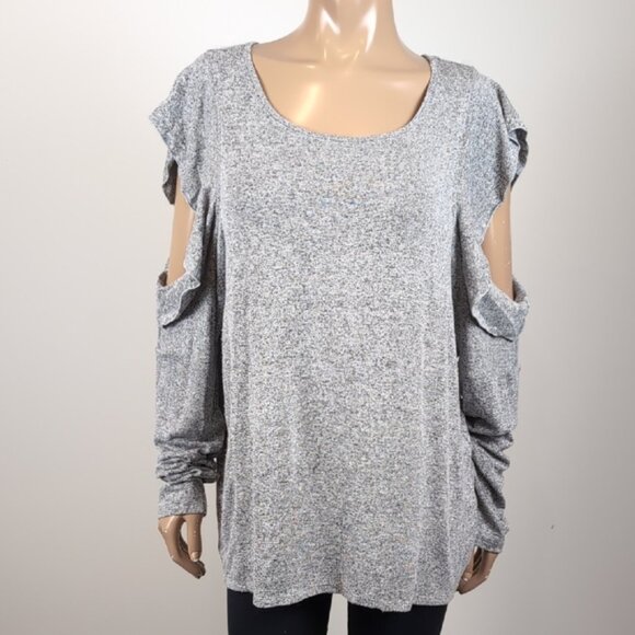 3/$20 Reitmans Ruffled Cold Shoulder Top Long Sleeve Stretch Knit Scoop Neck - Picture 2 of 9